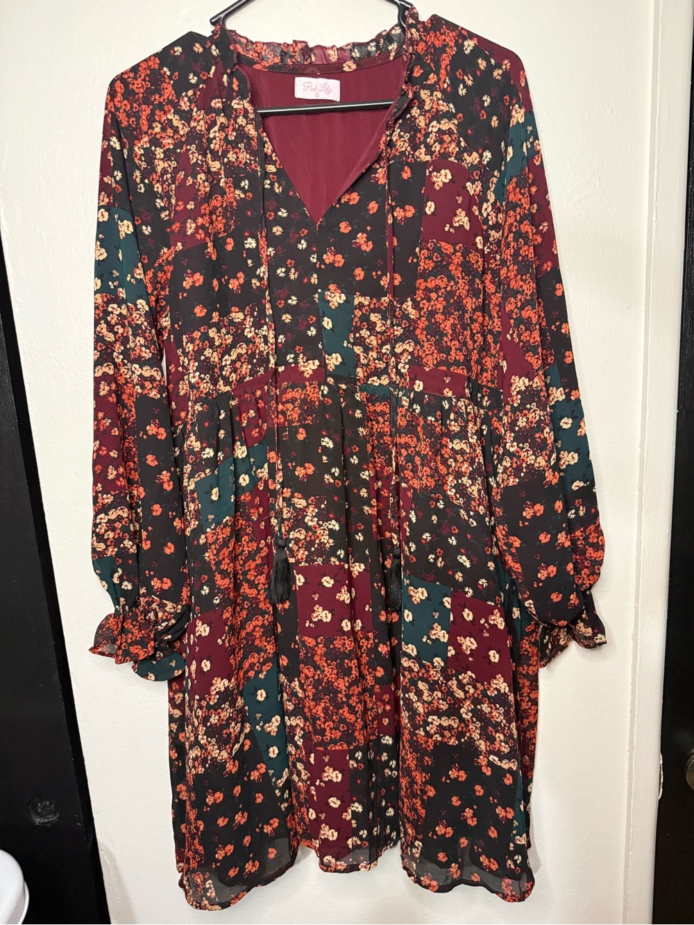 Pink Lily Burgundy & Teal Floral Patchwork Long Sleeve Dress